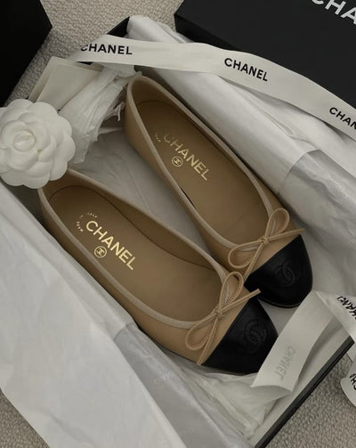Chanel Lambskin Beige & Black Ballet Flats